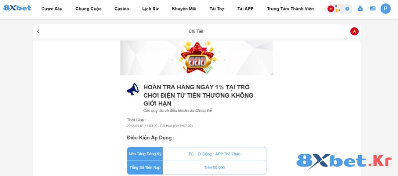 Chương trình hoàn trả slot game không giới hạn 1% tại 8Xbet