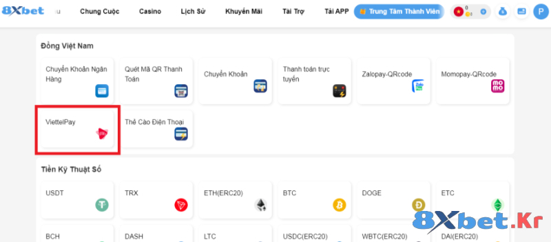 Nạp tiền 8Xbet bằng Viettel Pay